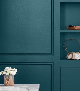 Paneled bathroom wall in deep, blue-green, "midnight blue"  Everglade Deck color.