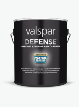 Can of Valspar Defense Exterior Paint & Primer; dark gray label with Advanced Water Beading shield.  