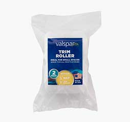 Plastic bag with Valspar 2-pack of 3-inch x 3/8-inch woven trim roller cover.