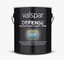 Can of Valspar Defense Exterior Paint & Primer; dark gray label with Advanced Water Beading shield.  