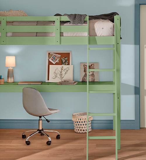 Spring Leaves lofted bed and desk against Windblown Blue wall with Nostalgia trim. 