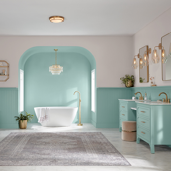 Six-image carousel of living room, child’s room, entryway, backyard and kitchen, all incorporating Renew Blue.