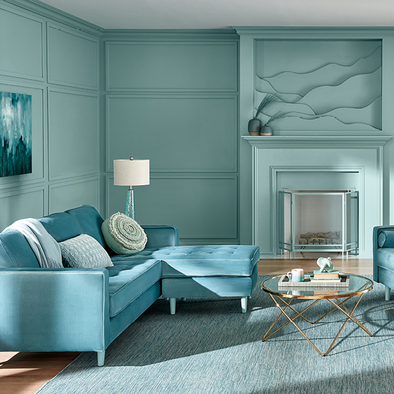 Six-image carousel of living room, child’s room, entryway, backyard and kitchen, all incorporating Renew Blue.
