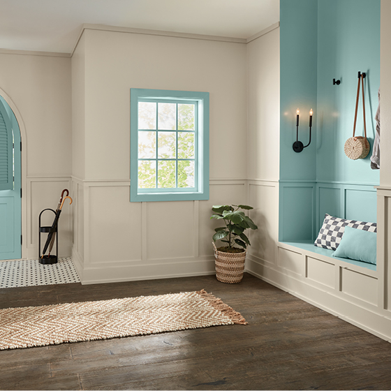 Six-image carousel of living room, child’s room, entryway, backyard and kitchen, all incorporating Renew Blue.