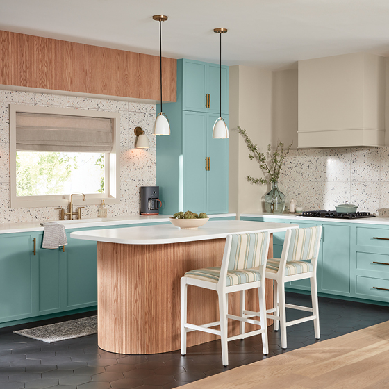 Six-image carousel of living room, child’s room, entryway, backyard and kitchen, all incorporating Renew Blue.
